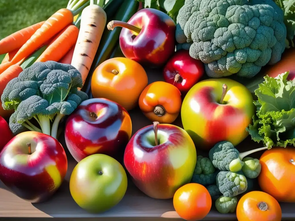 Una vibrante muestra de frutas y verduras recién cosechadas en un jardín escolar, resaltando el consumo de frutas y verduras escolar.