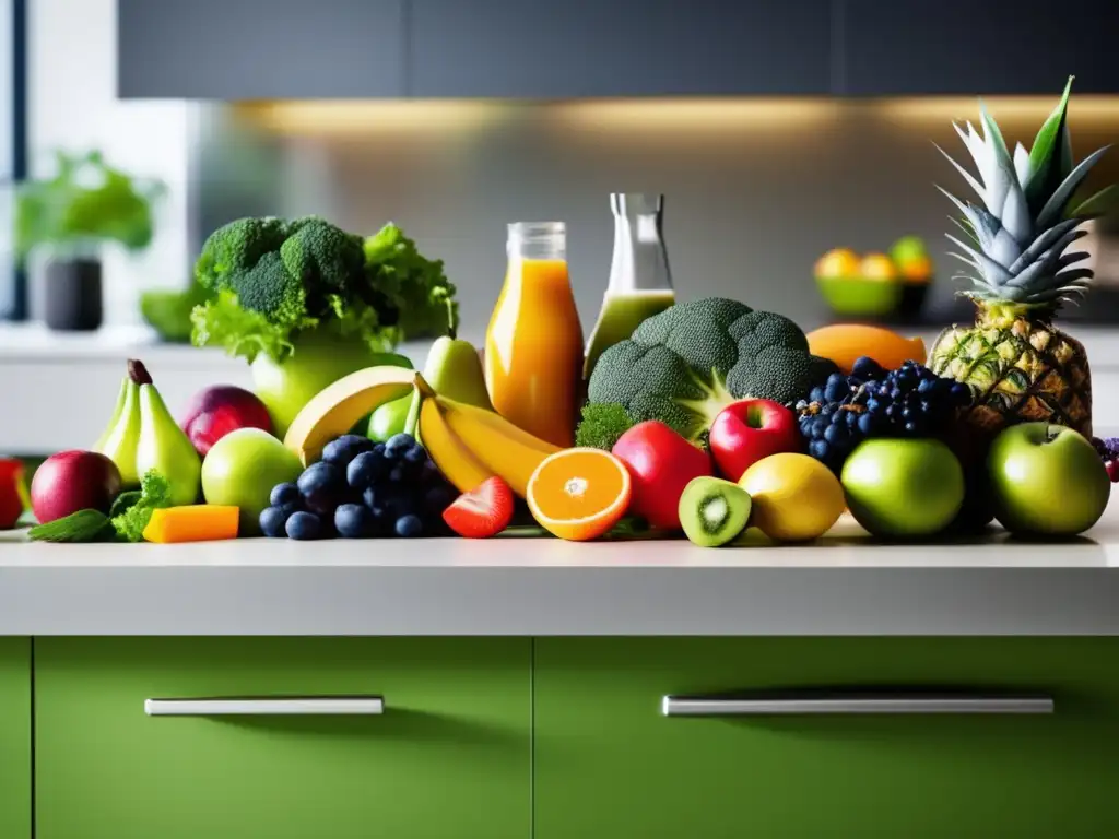 Nutrición deportiva para adolescentes: frescura y vitalidad Una vibrante selección de frutas, verduras y proteínas en una cocina moderna, evocando vitalidad y nutrición para adolescentes.