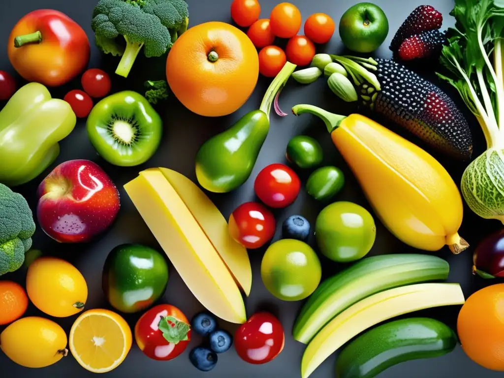 Una vibrante variedad de frutas y verduras frescas, con agua brillante, en una cocina moderna. <b>Nutrigenómica en alimentos saludables.