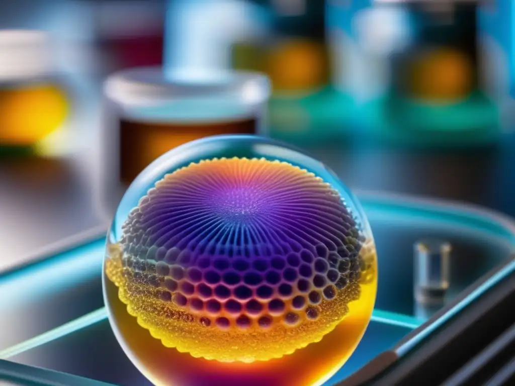 Una visión futurista de la nanotecnología aplicada a alimentos saludables, con nanopartículas encapsulando nutrientes en una solución gelatinosa, en un laboratorio científico avanzado.