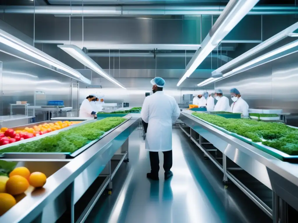 Una visión futurista de una planta de producción de alimentos con tecnología de vanguardia y prácticas sostenibles. <b>Alternativas aditivos industria alimentaria.