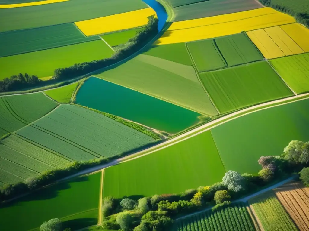 Una vista aérea vibrante y detallada de una granja regenerativa, con campos verdes repletos de cultivos y rodeada de vegetación diversa. <b>Destacando la belleza natural de la agricultura regenerativa y alimentos saludables.
