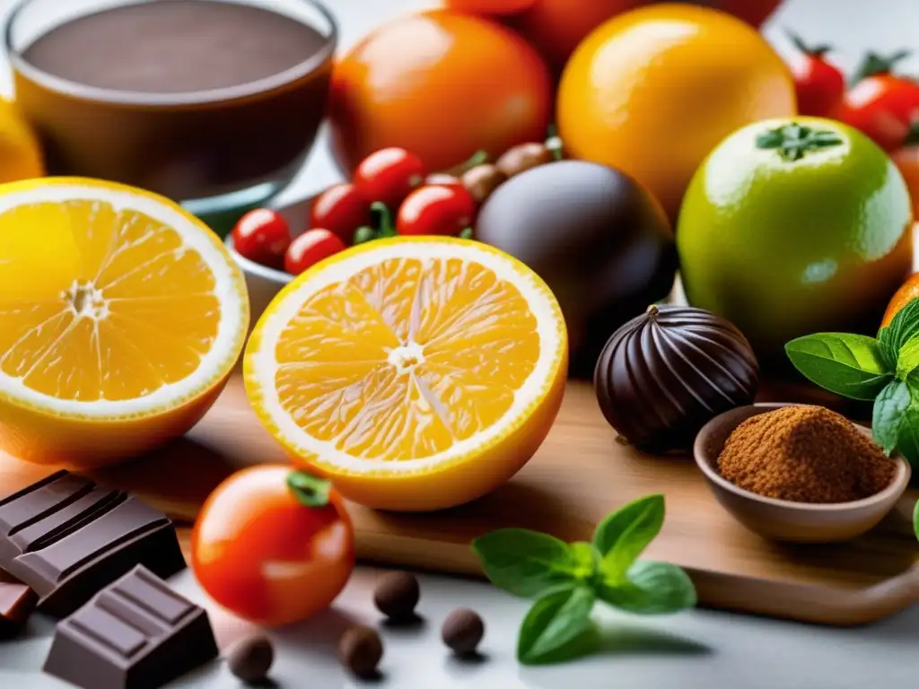 Alimentos prohibidos para el reflujo: impactante closeup Una vista detallada de alimentos prohibidos para el reflujo gastroesofágico en una cocina moderna y elegante. Los colores vibrantes y texturas de frutas cítricas, tomates, chocolate, menta y platos picantes están capturados con una claridad impresionante, mostrando las restricciones diet