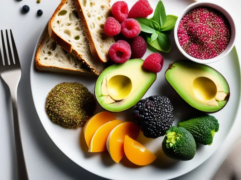 Una vista detallada de alimentos ricos en fibra para salud digestiva en un plato blanco moderno. Las texturas y colores crean una presentación apetitosa.