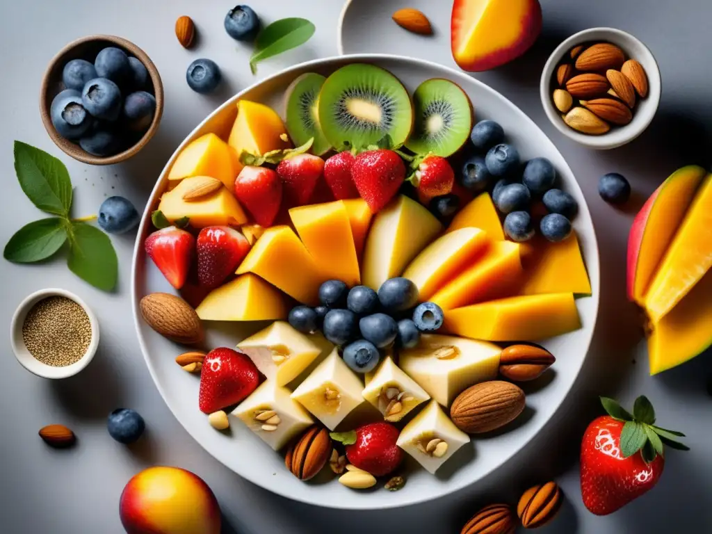 Exquisita mezcla de frutas, nueces y semillas en plato blanco