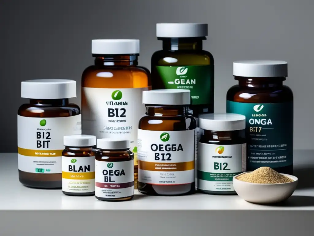 Una vista detallada de suplementos veganos en un mostrador blanco, emitiendo una sensación de calma y pureza. <b>Suplementación en dieta vegana.