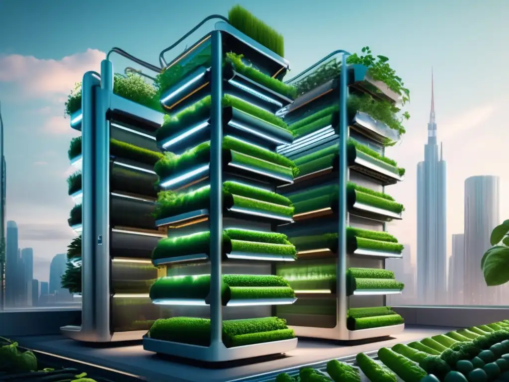 Una vista impresionante de una granja vertical moderna con plantas exuberantes en torres altas. Trabajadores cuidan los cultivos con equipos agrícolas avanzados, en medio de una escena visualmente cautivadora que simboliza la innovación y sostenibilidad en la agricultura vertical nutrición sostenible.