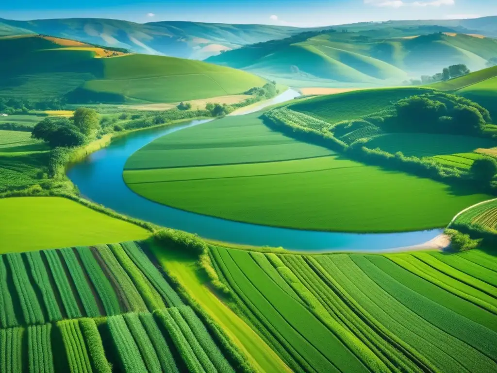 Espléndido paisaje agrícola: agricultura sostenible junto al río
