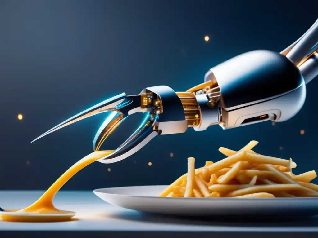 Una representación visual futurista de la intersección entre la inteligencia artificial y el tratamiento de trastornos alimentarios, con un brazo robótico sosteniendo un tenedor con un bocado perfectamente equilibrado.